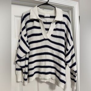 aerie White and Navy Striped V-Neck Collared Sweater